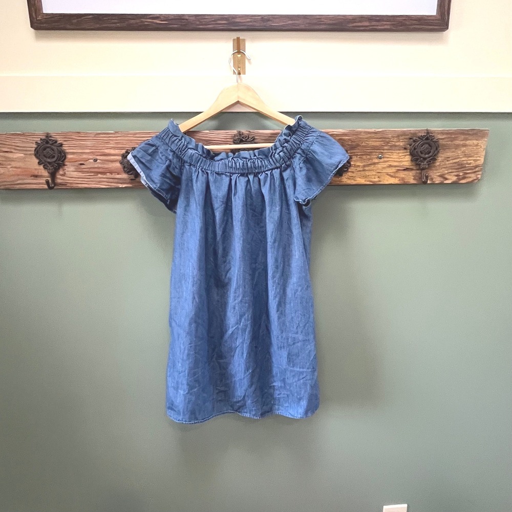 Corey Lynn Calter Blue Chambray Cotton Off Shoulder Ruffle Mini Dress XS Pockets